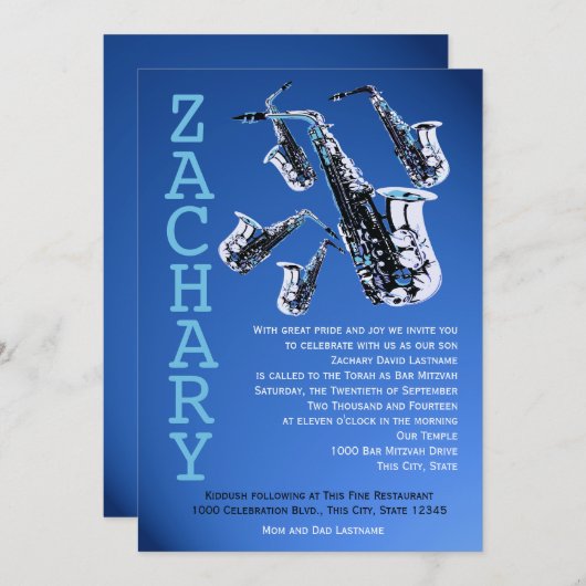 Saxofoon Music Bar Mitswa Kaart (Voorkant / Achterkant)