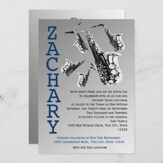 Saxofoon Music Bar Mitswa Kaart (Voorkant / Achterkant)