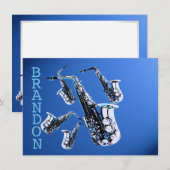 Saxofoon Muziek Blauw Dank u Platte Kaart Notitiekaartje (Voorkant / Achterkant)