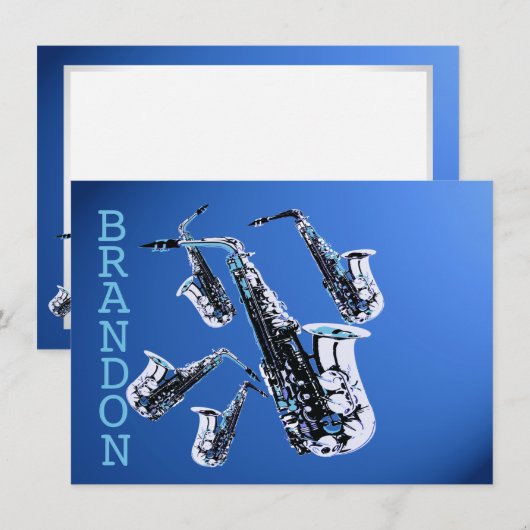Saxofoon Muziek Blauw Dank u Platte Kaart Notitiekaartje (Voorkant / Achterkant)