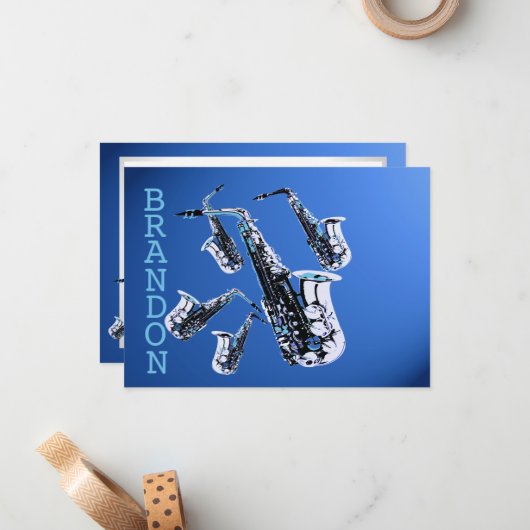 Saxofoon Muziek Blauw Dank u Platte Kaart Notitiekaartje (Voorkant / Achterkant in situ)