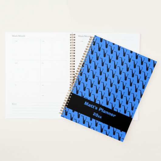 Saxofoon Muzieknoten gepersonaliseerd blauw Planner (Display)