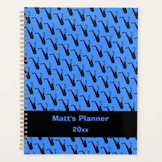 Saxofoon Muzieknoten gepersonaliseerd blauw Planner (Voorkant)