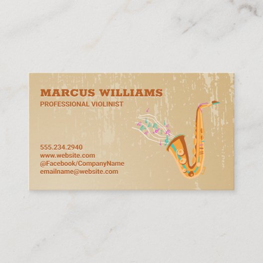 Saxofoon muzieknoten | Grunge achtergrond Visitekaartje (Voorkant)