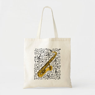 Saxofoon muzieknoten, saxofonist muziekleraar tote bag