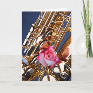 Saxofoon & Roze Roos Afbeelding Wenskaart Kaart