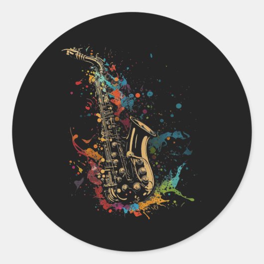 Saxofoon Splash Art Musicus Wind Muziek Jazz Saxo Ronde Sticker (Voorkant)