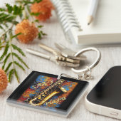 Saxofoon - Van Gogh Stijl achtergrond Sleutelhanger (Voorkant Rechts)