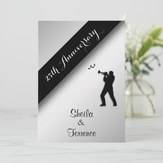 Saxofoon Zilveren Huwelijksjubileum Uitnodiging (Staand voorkant)