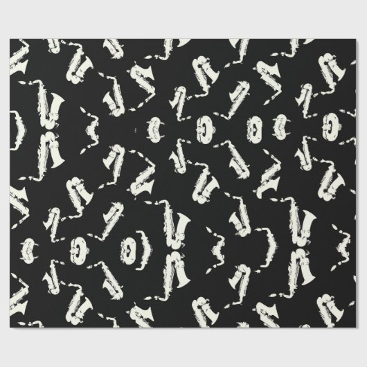 Saxofoon zwart-wit patroon cadeaupapier (Vlak)