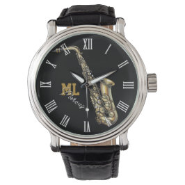 Saxofoonhorloge, monogram, Naam, Muziek Horloge
