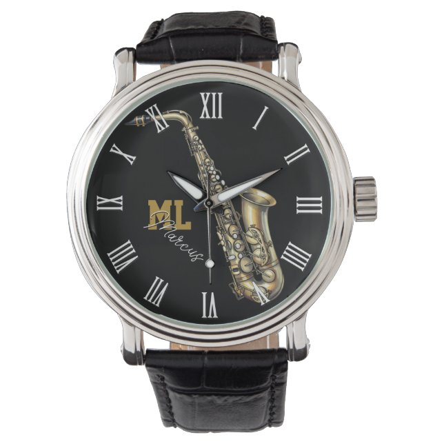 Saxofoonhorloge, monogram, Naam, Muziek Horloge (Voorkant)