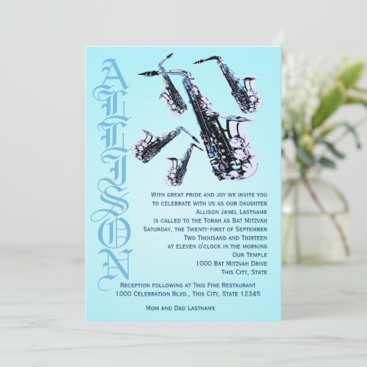 Saxofoonmuziek Bat Mitzvah Kaart (Staand voorkant)