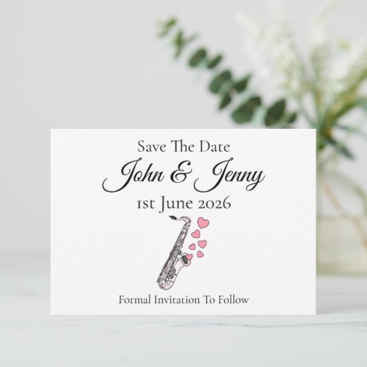 Saxofoonmuzikant bruiloft Save the Date (Staand voorkant)