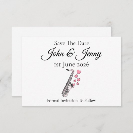 Saxofoonmuzikant bruiloft Save the Date (Voorkant / Achterkant)