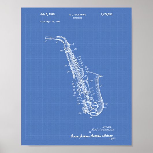 Saxophone 1949 Patent Art Blueprint Poster (Voorkant)