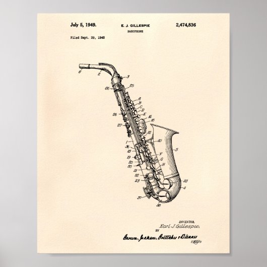 Saxophone 1949 Patent Art Old Peper Poster (Voorkant)