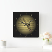 Saxophone 3-D Gold Wereldbol ~ Blad Music ~ Black  Vierkante Klok (Huis)