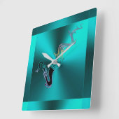 Saxophone Bgloed Notes Moderne Metallic Blauwgroen Vierkante Klok (Hoek)