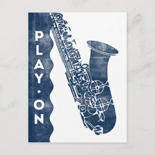 Saxophone Briefkaart -  Retro Navy Blue White