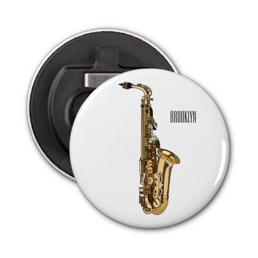 Saxophone cartoon button flesopener (Voorkant)