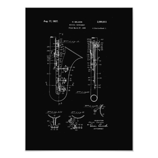 Saxophone "chalk style" Patenttekening Foto Afdruk (Voorkant)