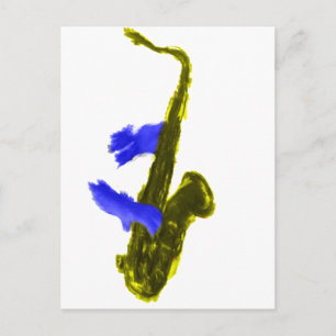 Saxophone gespeeld door twee handen, blauw en geel briefkaart