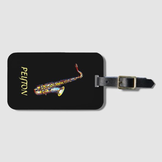 Saxophone Gold Waterverf op zwart Bagagelabel (Voorkant (horizontaal))