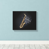 Saxophone met muzieknoten die uit de bel komen canvas afdruk (Insitu (Houten vloer))