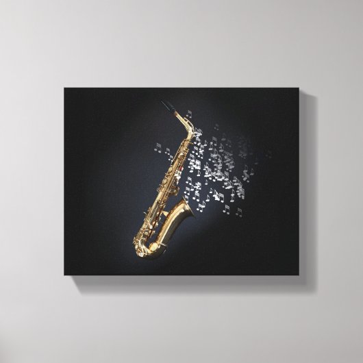 Saxophone met muzieknoten die uit de bel komen canvas afdruk (Voorkant)