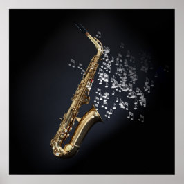 Saxophone met muzieknoten die uit de bel komen poster