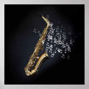 Saxophone met muzieknoten die uit de bel komen poster