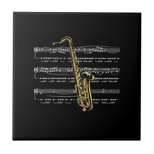 Saxophone met vel Music ~ Black Background Tegeltje (Voorkant)