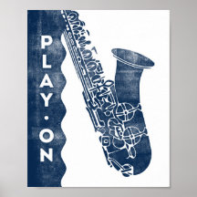 Saxophone Music Poster Blue White Play on Print