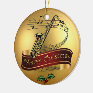 Saxophone ~ Musical Scroll~Gold "Merry Kerstmis" ~ Keramisch Ornament