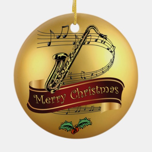 Saxophone ~ Musical Scroll~Gold "Merry Kerstmis" ~ Keramisch Ornament (Achterkant)