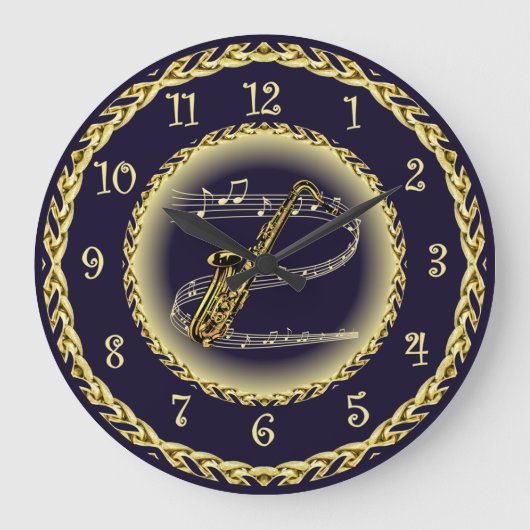 Saxophone ~ Musical Scroll ~ Gold/Navy Blue ~ Grote Klok (Voorkant)