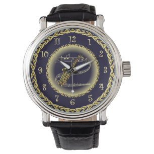 Saxophone ~ Musical Scroll ~ Gold/Navy Blue ~ Horloge