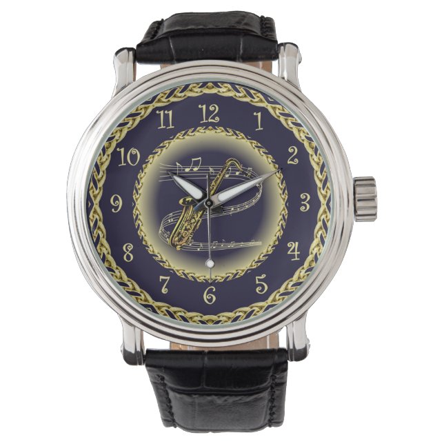 Saxophone ~ Musical Scroll ~ Gold/Navy Blue ~ Horloge (Voorkant)