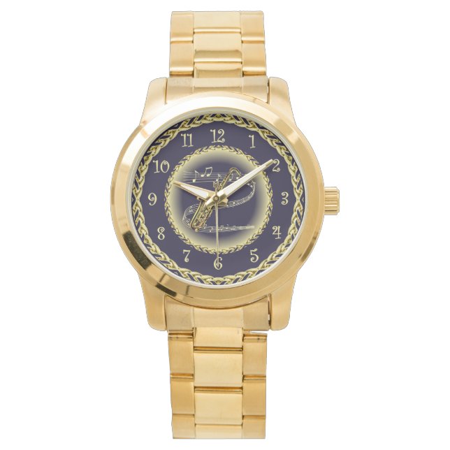 Saxophone ~ Musical Scroll ~ Gold/Navy Blue ~ Horloge (Voorkant)