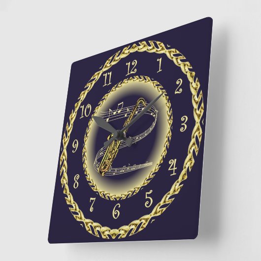 Saxophone ~ Musical Scroll ~ Gold/Navy Blue ~ Vierkante Klok (Hoek)