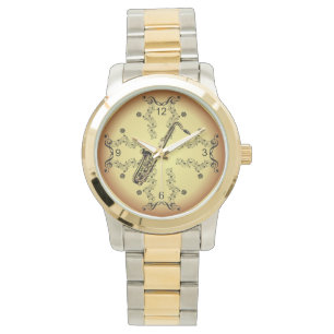 Saxophone ~ Musical Scroll ~ Golden Background Horloge