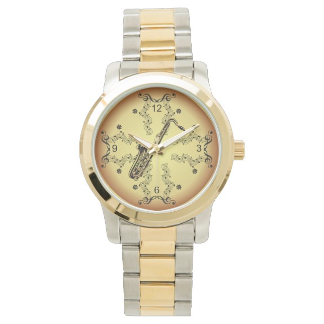 Saxophone ~ Musical Scroll ~ Golden Background Horloge (Voorkant)