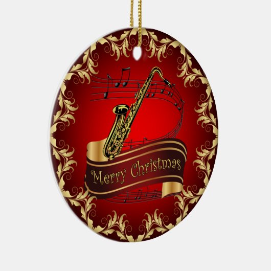 Saxophone ~ Musical Scroll ~ Merry Kerst~ * ~ Keramisch Ornament (Rechts)