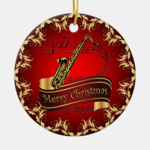 Saxophone ~ Musical Scroll ~ Merry Kerst~ * ~ Keramisch Ornament