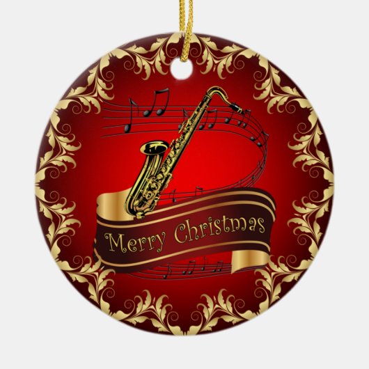 Saxophone ~ Musical Scroll ~ Merry Kerst~ * ~ Keramisch Ornament (Voorkant)