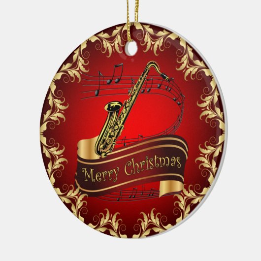 Saxophone ~ Musical Scroll ~ Merry Kerst~ * ~ Keramisch Ornament (Links)