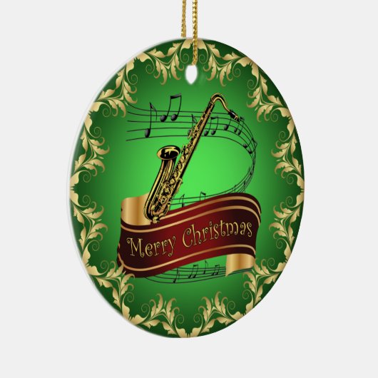 Saxophone ~ Musical Scroll ~ Merry Kerst~ * ~ Keramisch Ornament (Rechts)