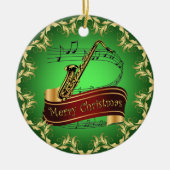 Saxophone ~ Musical Scroll ~ Merry Kerst~ * ~ Keramisch Ornament (Voorkant)
