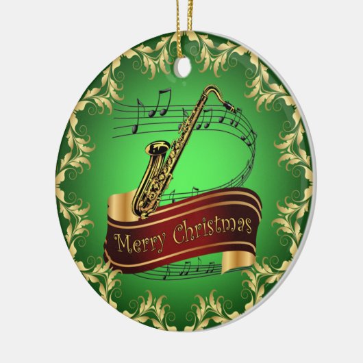 Saxophone ~ Musical Scroll ~ Merry Kerst~ * ~ Keramisch Ornament (Links)